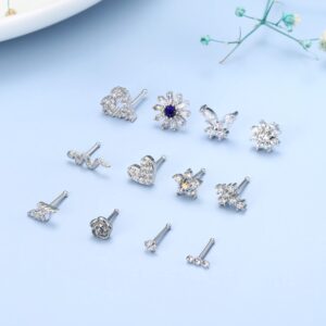 YADOCA 12 Pcs 20G Nose Studs Surgical Steel Nose Rings Studs for Women Men CZ Heart Butterfly Flower Snake Nose Piercing Jewelry