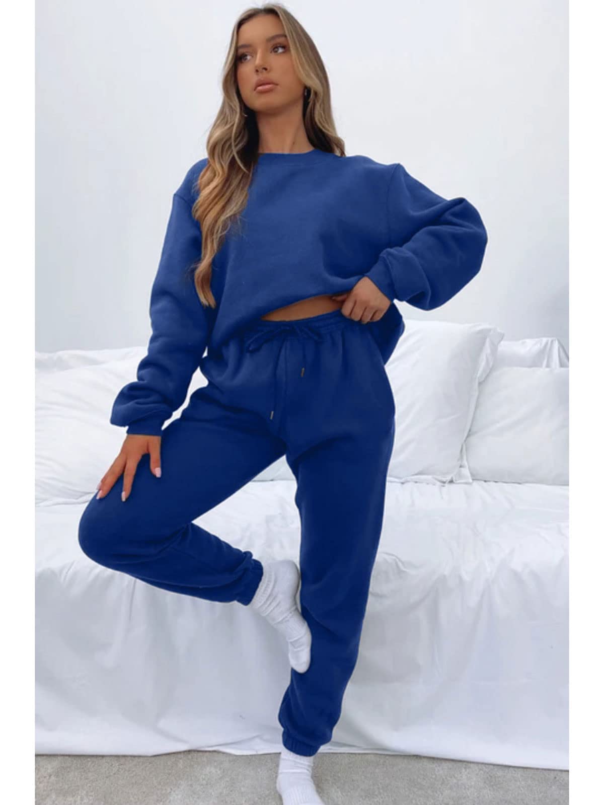 KANSOON Women Sweatsuits Sets Two Piece Outfits Long Sleeve Round Neck Top Sweatpants Tracksuits Sets Loungewear Blue M