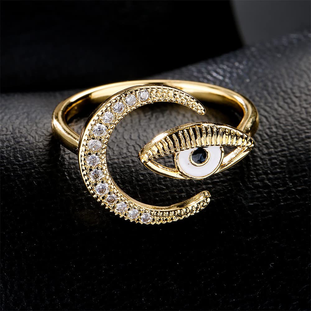 18K Gold Plate Open Ring Moon Star Evil Eye Stainless Steel One Size Adjustable Band Cubic Zircon Ring Jewelry (Moon & Evil Eye)