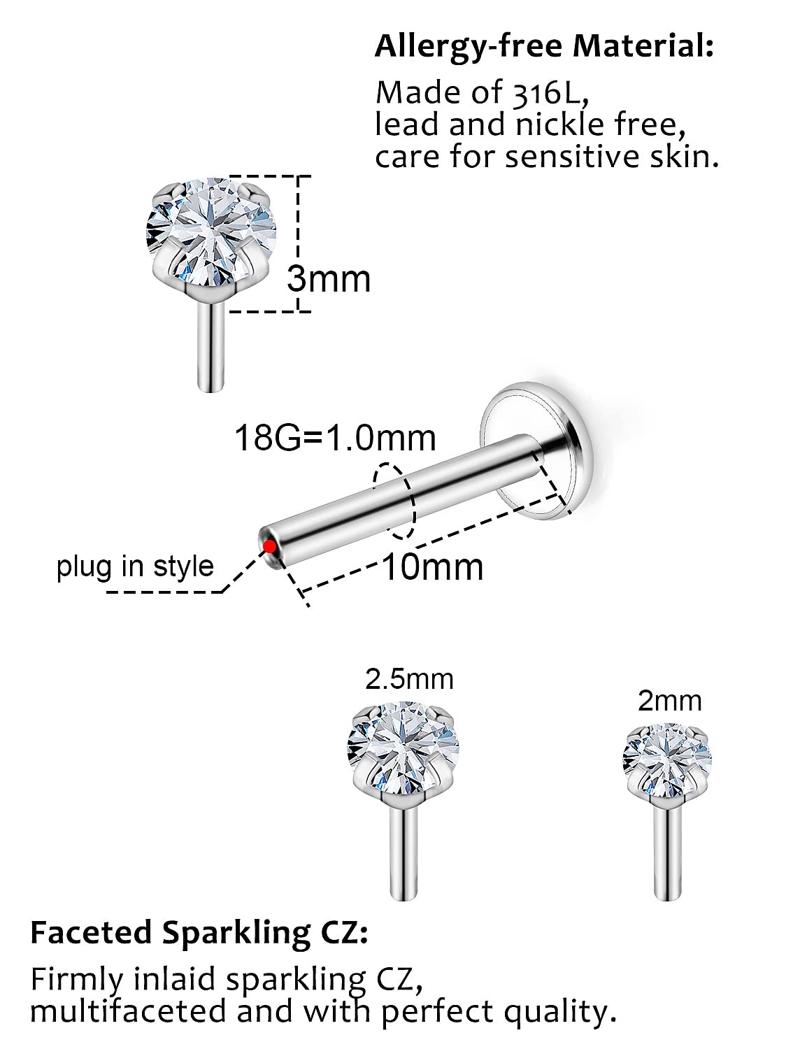 Xwnskvvz 18G Threadless Push in Nose Rings Studs Medusa Piercing Jewelry Stainless Steel Labret Jewelry Monroe Lip Rings Studs 2/2.5/3MM Crystal Top Tragus Forward Helix Cartilage Earring 10mm