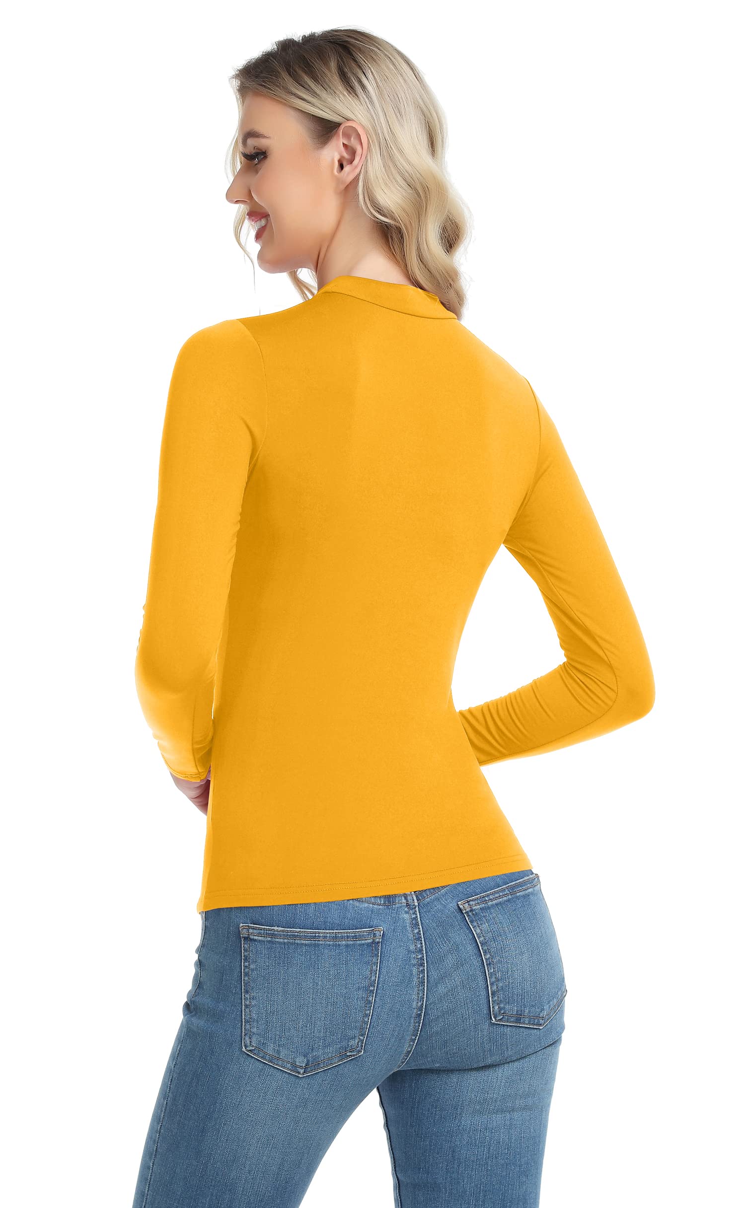 Women Long Sleeve Thermal Top Lightweight Mock Neck Shirts Slim Fit Layer Top Mustard Large