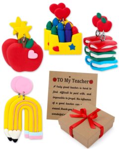 tuitessine teacher polymer clay earrings with appreciation card apple pencil books crayons jewelry for mrs. teacher master tutor christmas holidays gift basket set of 4 earrings in a wrapped box