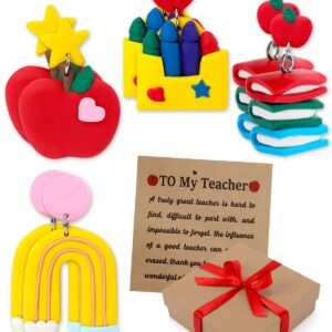 Tuitessine Teacher Polymer Clay Earrings with Appreciation Card Apple Pencil Books Crayons Jewelry for Mrs. Teacher Master Tutor Christmas Holidays Gift Basket Set of 4 Earrings in A Wrapped Box