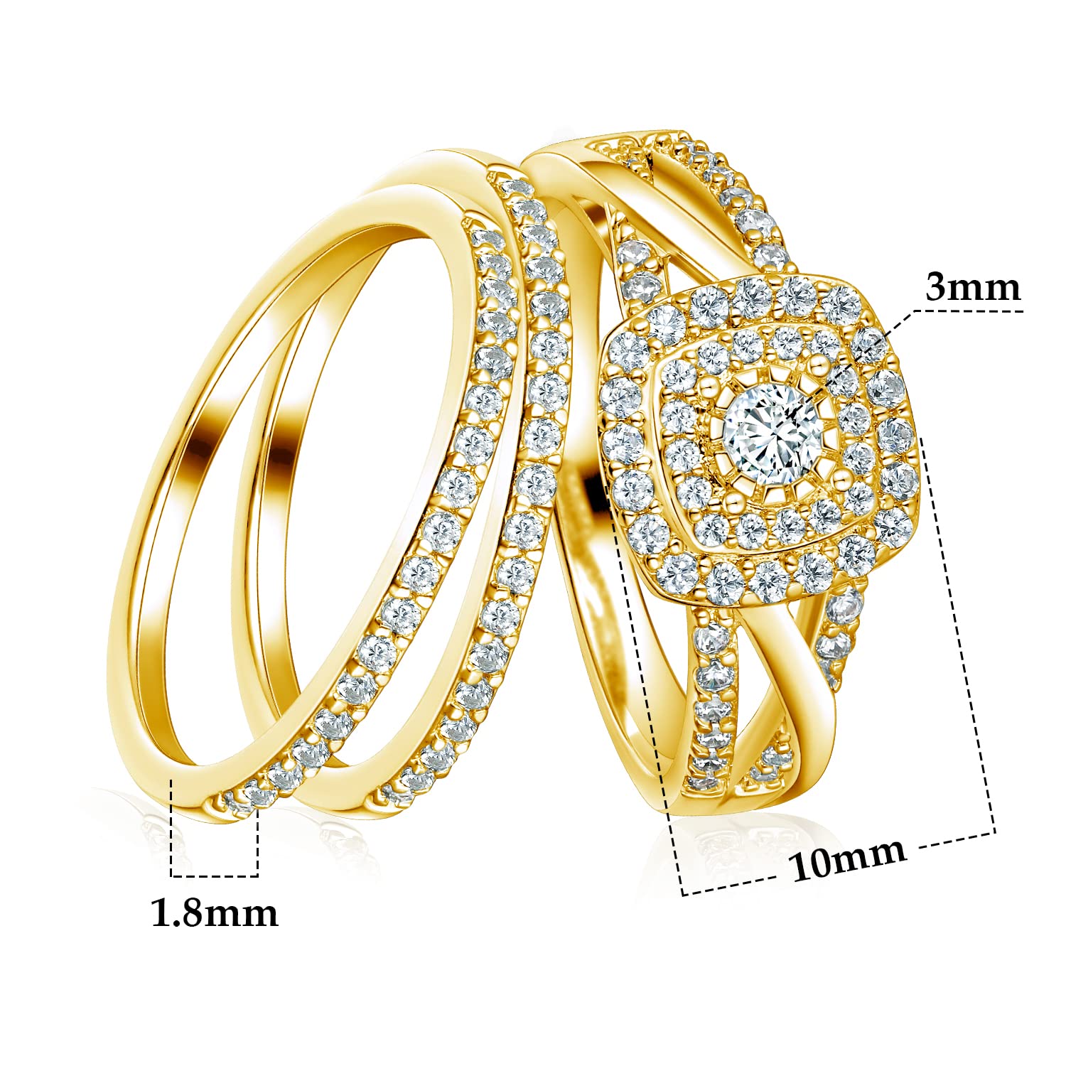 MDFUN Three in One Square Halo Wedding Band Set Engagement Ring 18K Yellow Gold Plated Cubic Zirconia Promise Eternity Ring for Women Size 7