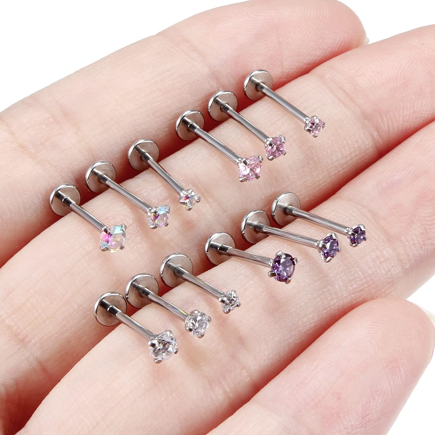 Xwnskvvz 18G Threadless Push in Nose Rings Studs Medusa Piercing Jewelry Stainless Steel Labret Jewelry Monroe Lip Rings Studs 2/2.5/3MM Crystal Top Tragus Forward Helix Cartilage Earring 10mm