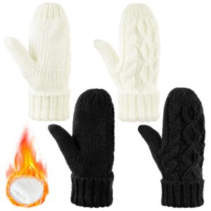 SATINIOR 2 Pairs Winter Gloves Thick Warm Soft Plush Convertible Flip Top Mittens Full Finger Gloves for Women Girls (White, Black, Simple Style)