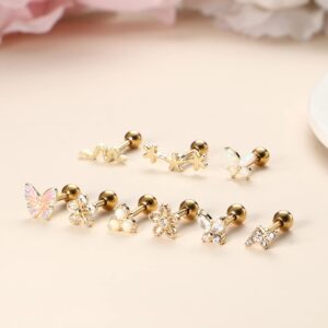 Dochais 9Pcs Cartilage Earrings for Women Stainless Steel Cartilage Butterfly Flower Star CZ Opal Helix Tragus Piercing Jewelry Gold