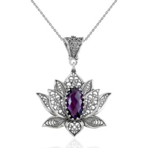 Filigranist 925 Sterling Silver Filigree Art Lotus Flower Women Pendant Necklace (Amethyst)