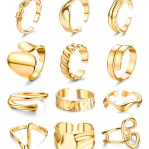 FIBO STEEL 12PCS Gold Chunky Rings for Women, 18K Gold Plated Thick Rings, Stacking Open Rings Set Adjustable Gold