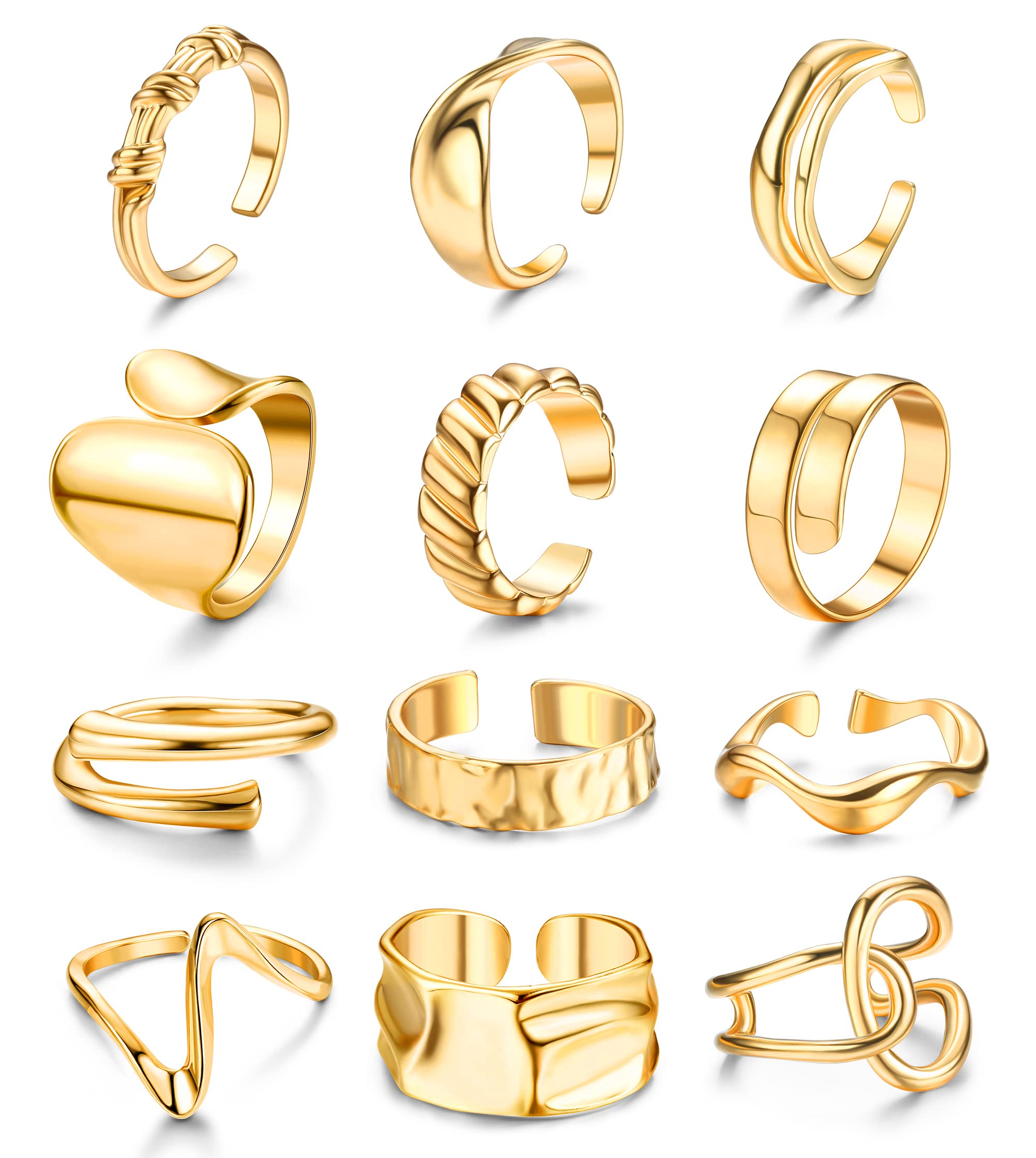 FIBO STEEL 12PCS Gold Chunky Rings for Women, 18K Gold Plated Thick Rings, Stacking Open Rings Set Adjustable Gold