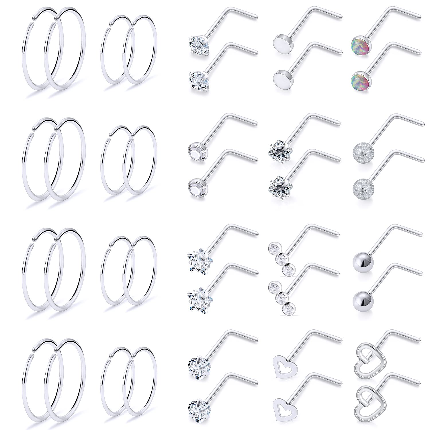 Xwnskvvz 20g Nose Rings Hoops for Women Stainless Steel Nose Stud L Shaped Nose Rings Studs Nose Piercing Jewelry Set