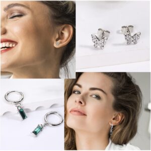 LOYALLOOK Studs Earrings and Hoops Set for Women Huggie Hoop Studs Earrings Set Dainty Minimalist Moon Heart Butterfly CZ Ball Small Dangle Chain Hoop Earrings Set for Multiple Piercing