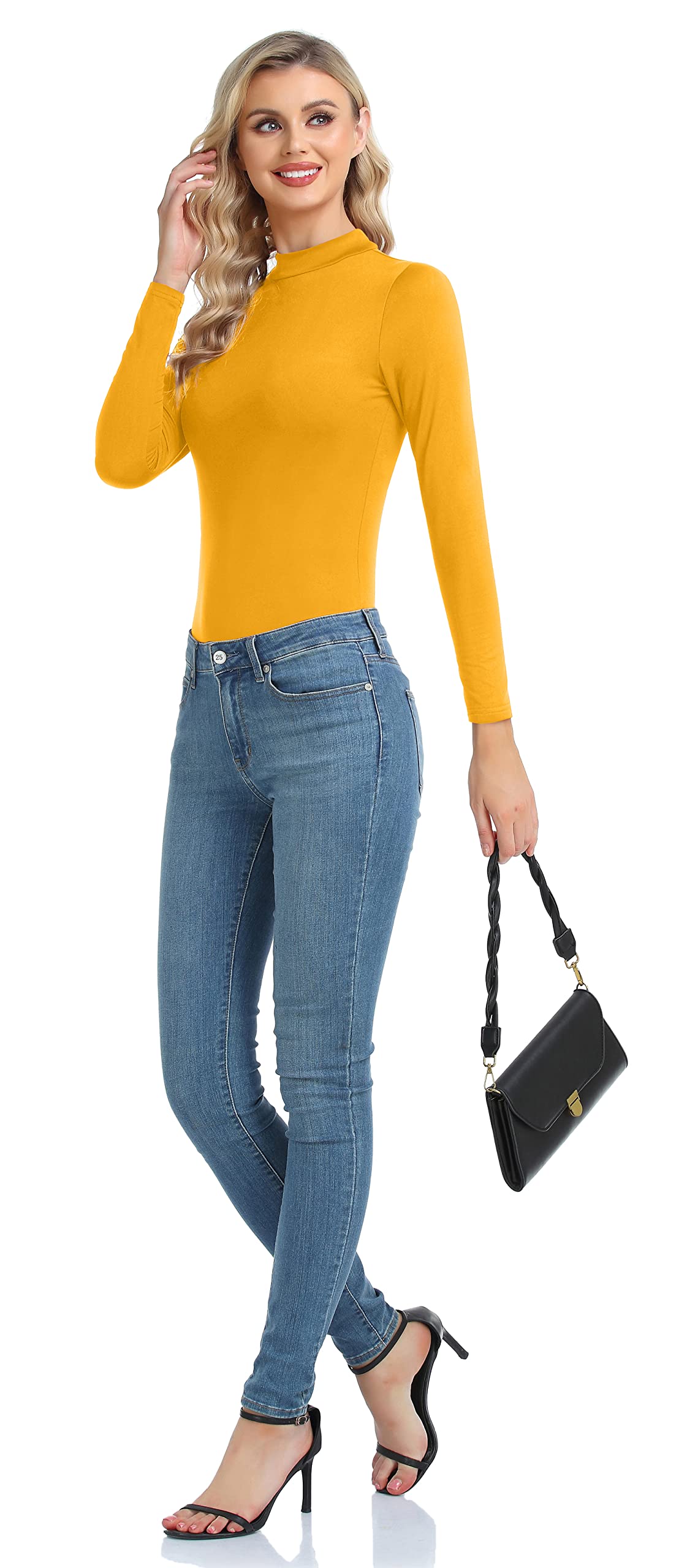 Women Long Sleeve Thermal Top Lightweight Mock Neck Shirts Slim Fit Layer Top Mustard Large