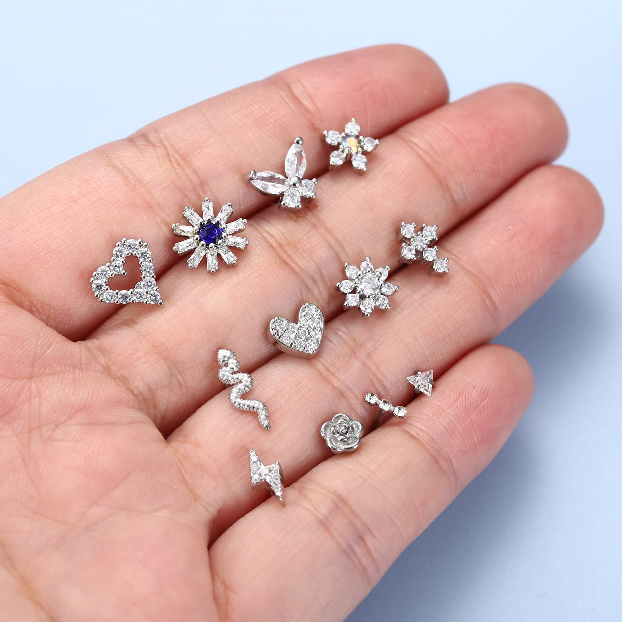 YADOCA 12 Pcs 20G Nose Studs Surgical Steel Nose Rings Studs for Women Men CZ Heart Butterfly Flower Snake Nose Piercing Jewelry