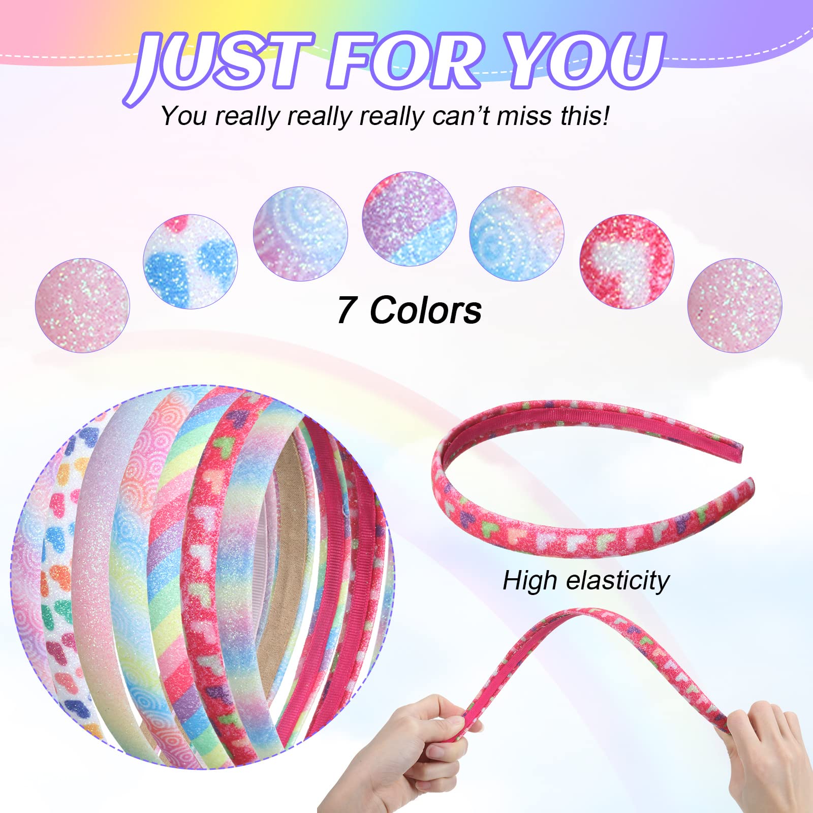 20 Pcs Rainbow Headbands Thin Glitter Sequin Headbands Plain Sweet Hairband Children Head Bands Cloth Headbands Sequin Printed Heart Mermaid Headband Skinny Sparkle Hairband Headband for Girls Toddler