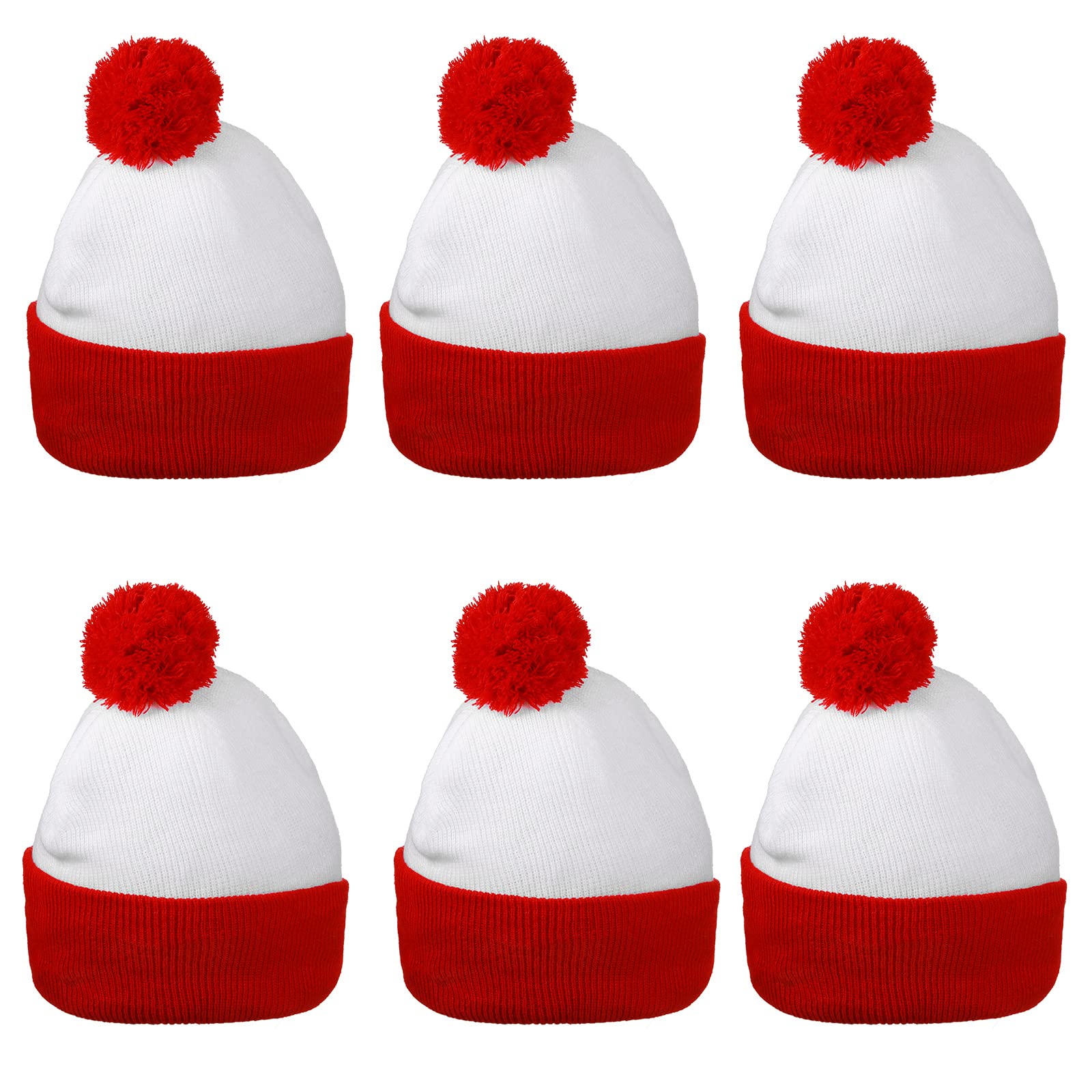 Yaomiao Red and White Beanie Pom Pom Hat Christmas Cuff Knit Beanies for Men Women Adult Winter(6 Pcs)