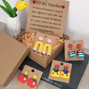 Tuitessine Teacher Polymer Clay Earrings with Appreciation Card Apple Pencil Books Crayons Jewelry for Mrs. Teacher Master Tutor Christmas Holidays Gift Basket Set of 4 Earrings in A Wrapped Box