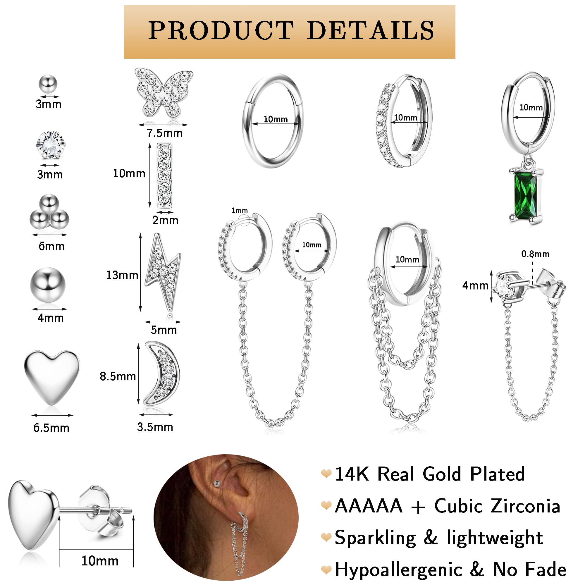 LOYALLOOK Studs Earrings and Hoops Set for Women Huggie Hoop Studs Earrings Set Dainty Minimalist Moon Heart Butterfly CZ Ball Small Dangle Chain Hoop Earrings Set for Multiple Piercing