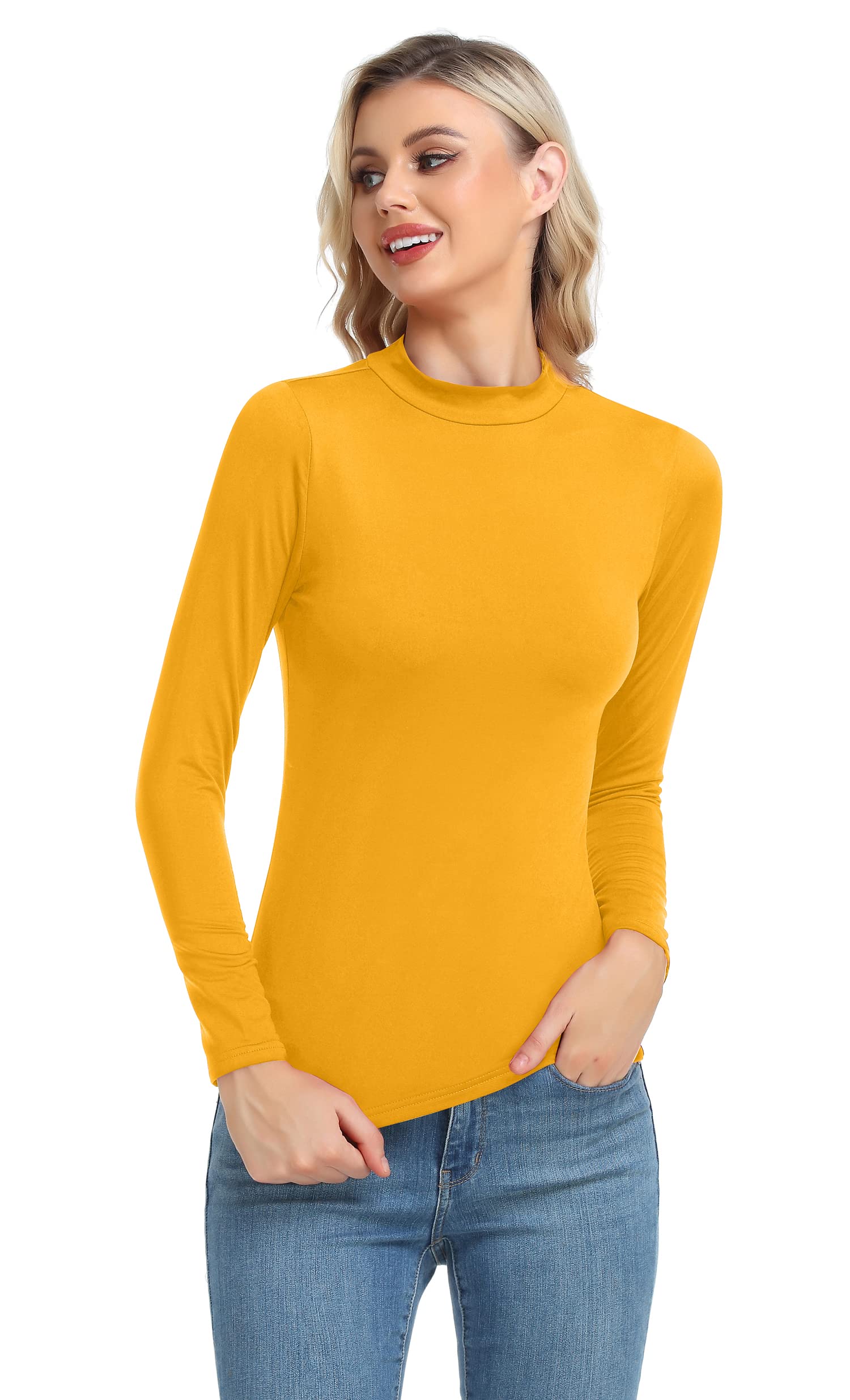 Women Long Sleeve Thermal Top Lightweight Mock Neck Shirts Slim Fit Layer Top Mustard Large