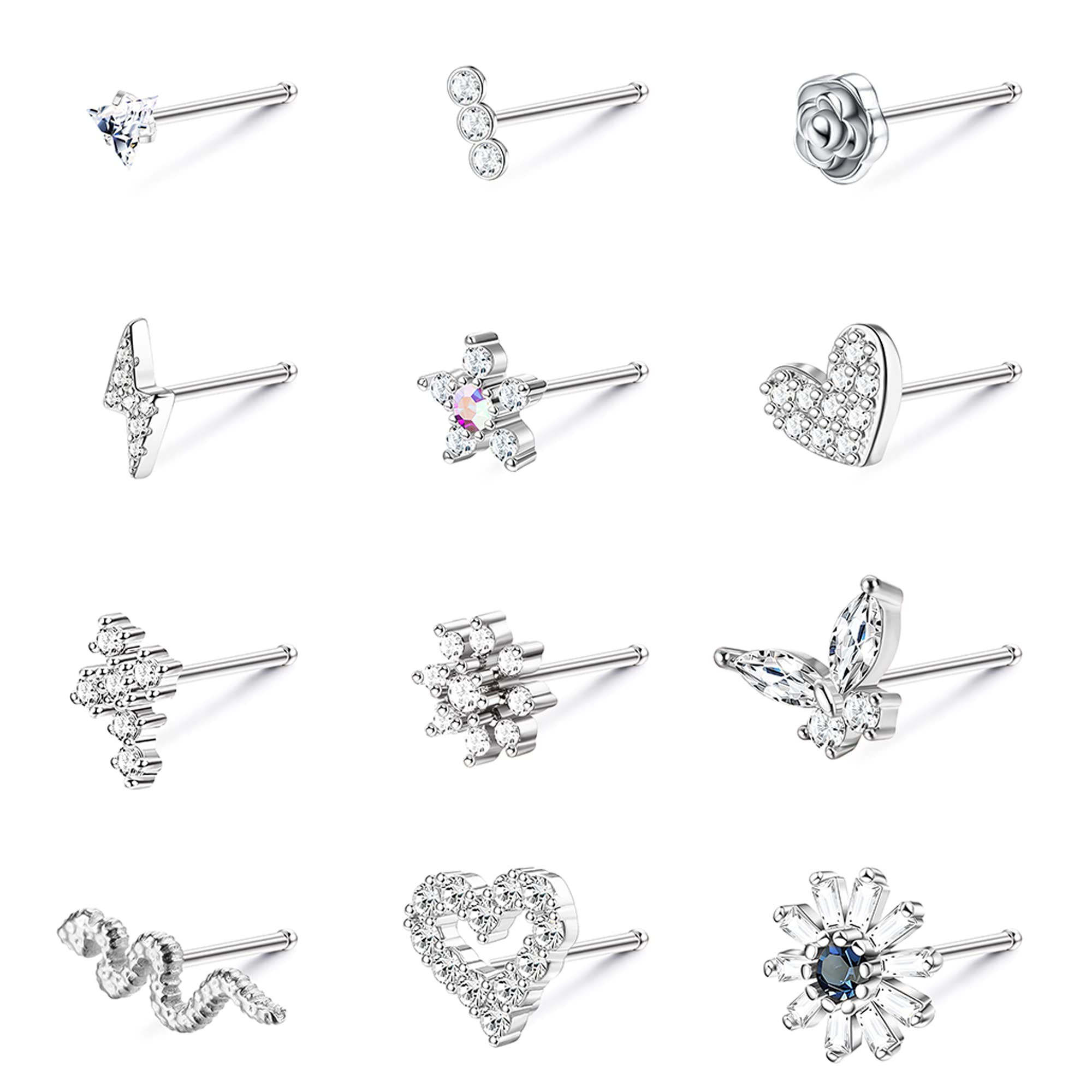 YADOCA 12 Pcs 20G Nose Studs Surgical Steel Nose Rings Studs for Women Men CZ Heart Butterfly Flower Snake Nose Piercing Jewelry