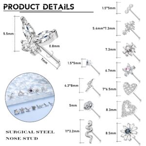 YADOCA 12 Pcs 20G Nose Studs Surgical Steel Nose Rings Studs for Women Men CZ Heart Butterfly Flower Snake Nose Piercing Jewelry