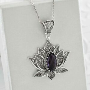 Filigranist 925 Sterling Silver Filigree Art Lotus Flower Women Pendant Necklace (Amethyst)