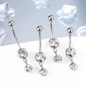 OUFER Dangle Belly Button Rings, G23 Solid Titanium Belly Ring, 14G Clear CZ Long Belly Piercing Jewelry, Lead & Nickel Free Navel Rings for Women Men-16MM