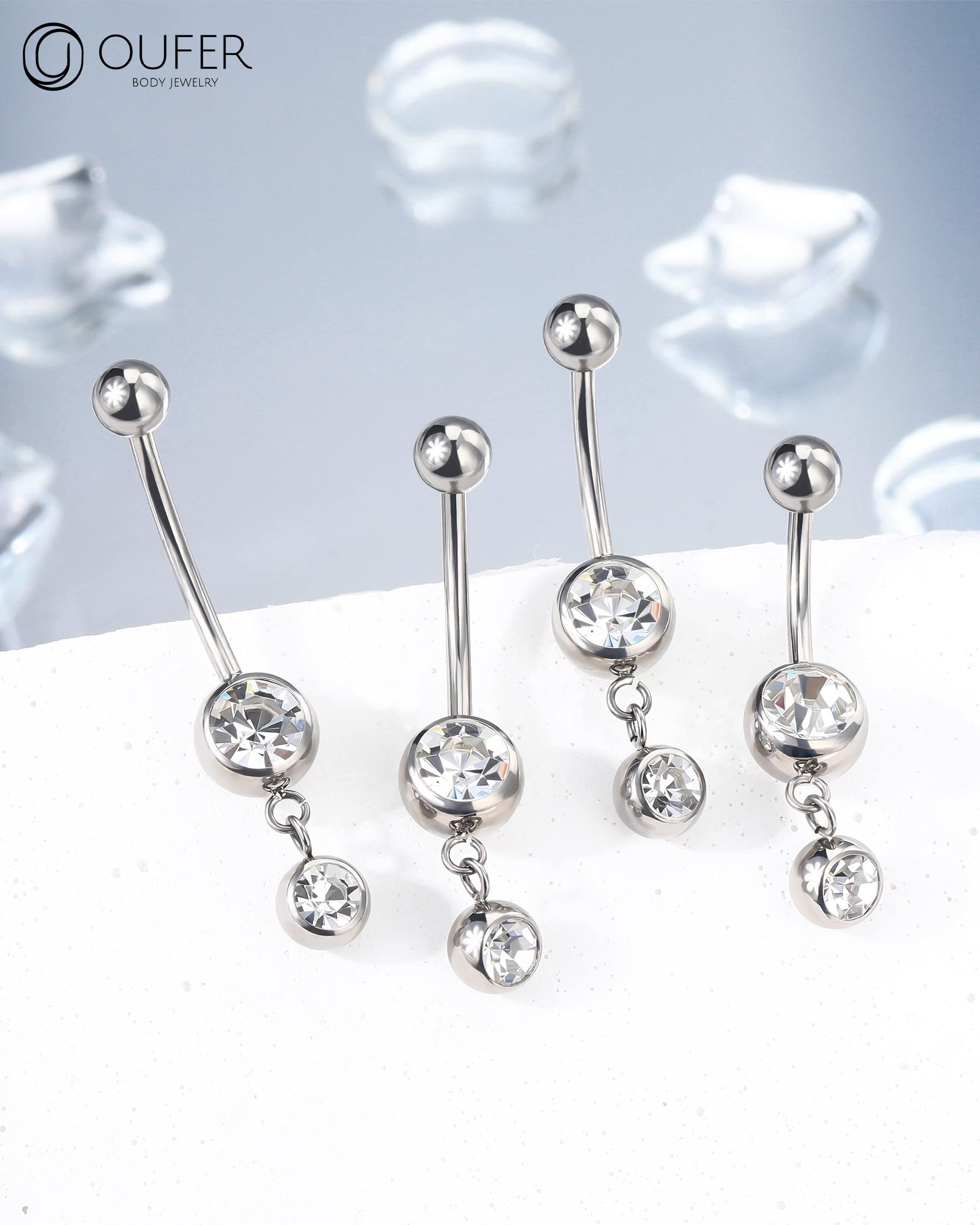 OUFER Dangle Belly Button Rings, G23 Solid Titanium Belly Ring, 14G Clear CZ Long Belly Piercing Jewelry, Lead & Nickel Free Navel Rings for Women Men-16MM