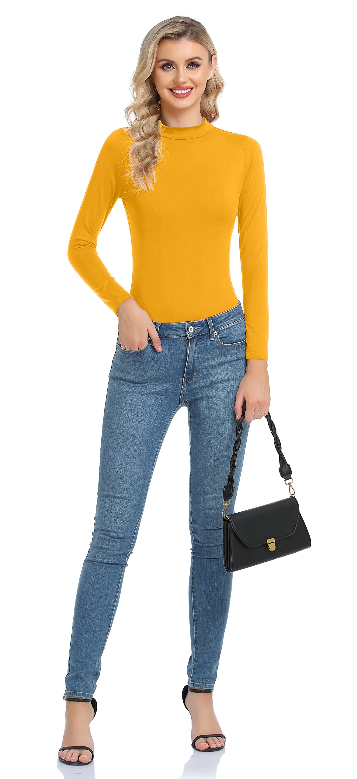 Women Long Sleeve Thermal Top Lightweight Mock Neck Shirts Slim Fit Layer Top Mustard Large