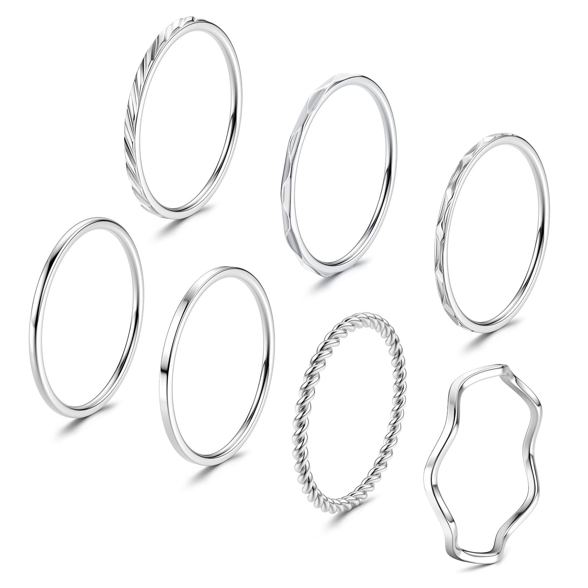 YADOCA 7 Pcs 1MM Stainless Steel Rings for Women Men Fashion Simple Plain Knuckle Stacking Midi Thumb Dainty Thin Stackable Statement Band Rings Set Size 5-11 Silver Tone