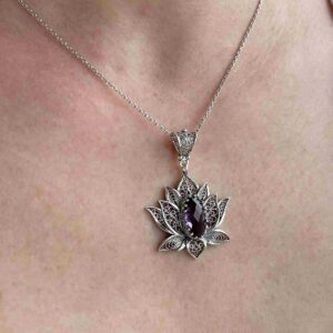 Filigranist 925 Sterling Silver Filigree Art Lotus Flower Women Pendant Necklace (Amethyst)