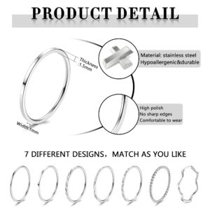 YADOCA 7 Pcs 1MM Stainless Steel Rings for Women Men Fashion Simple Plain Knuckle Stacking Midi Thumb Dainty Thin Stackable Statement Band Rings Set Size 5-11 Silver Tone