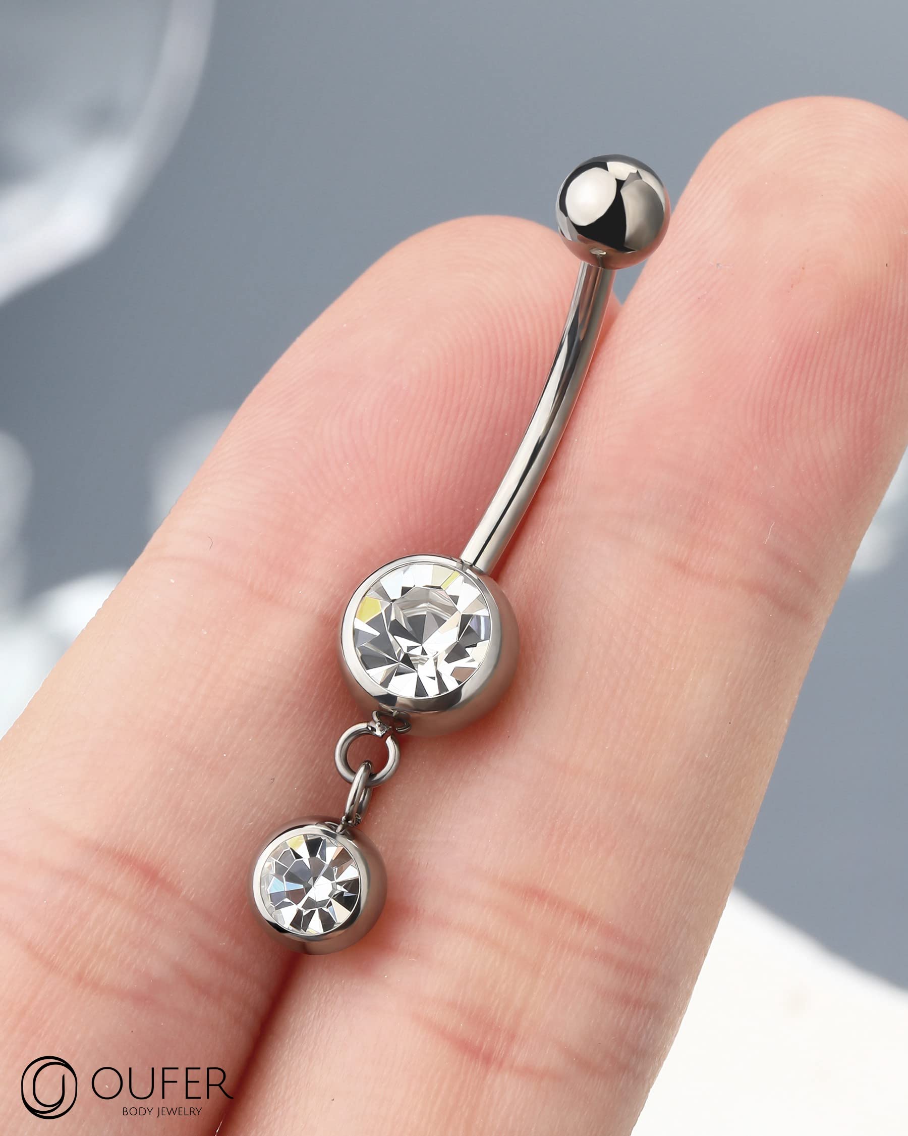 OUFER Dangle Belly Button Rings, G23 Solid Titanium Belly Ring, 14G Clear CZ Long Belly Piercing Jewelry, Lead & Nickel Free Navel Rings for Women Men-16MM