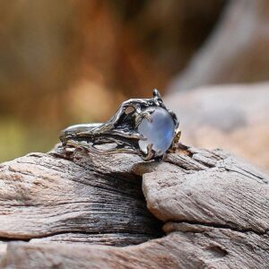 DALEGEM Oval Round Moonstone Ring,Dainty Retro S925 Sterling Silver Two Legs Gemstone Crystal Statement Ring Boho Jewelry (Stone_C, 6)