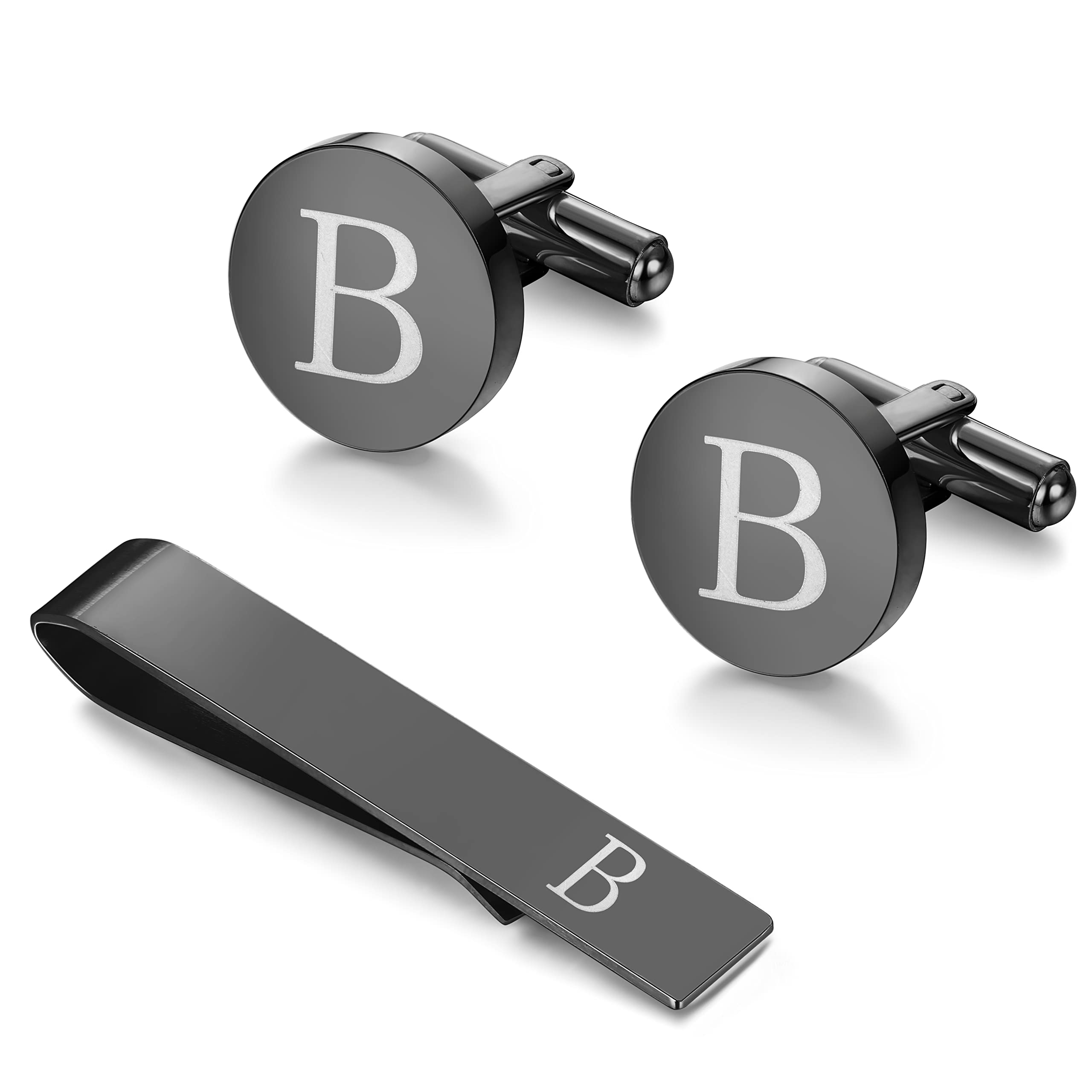 LOYALLOOK Black Initial B Cufflinks and Tie Clip Set for Men Personalized Copper Cuff links and Tie Bar Letter Alphabet B Gift for Father Husband