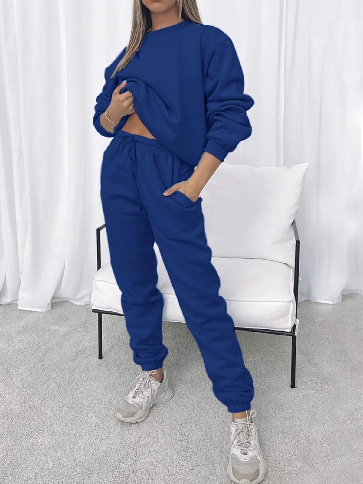 KANSOON Women Sweatsuits Sets Two Piece Outfits Long Sleeve Round Neck Top Sweatpants Tracksuits Sets Loungewear Blue M