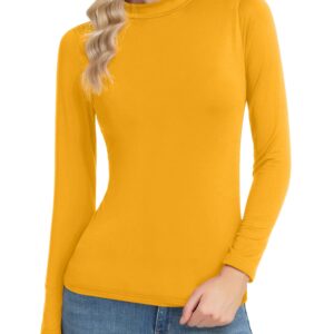 Women Long Sleeve Thermal Top Lightweight Mock Neck Shirts Slim Fit Layer Top Mustard Large