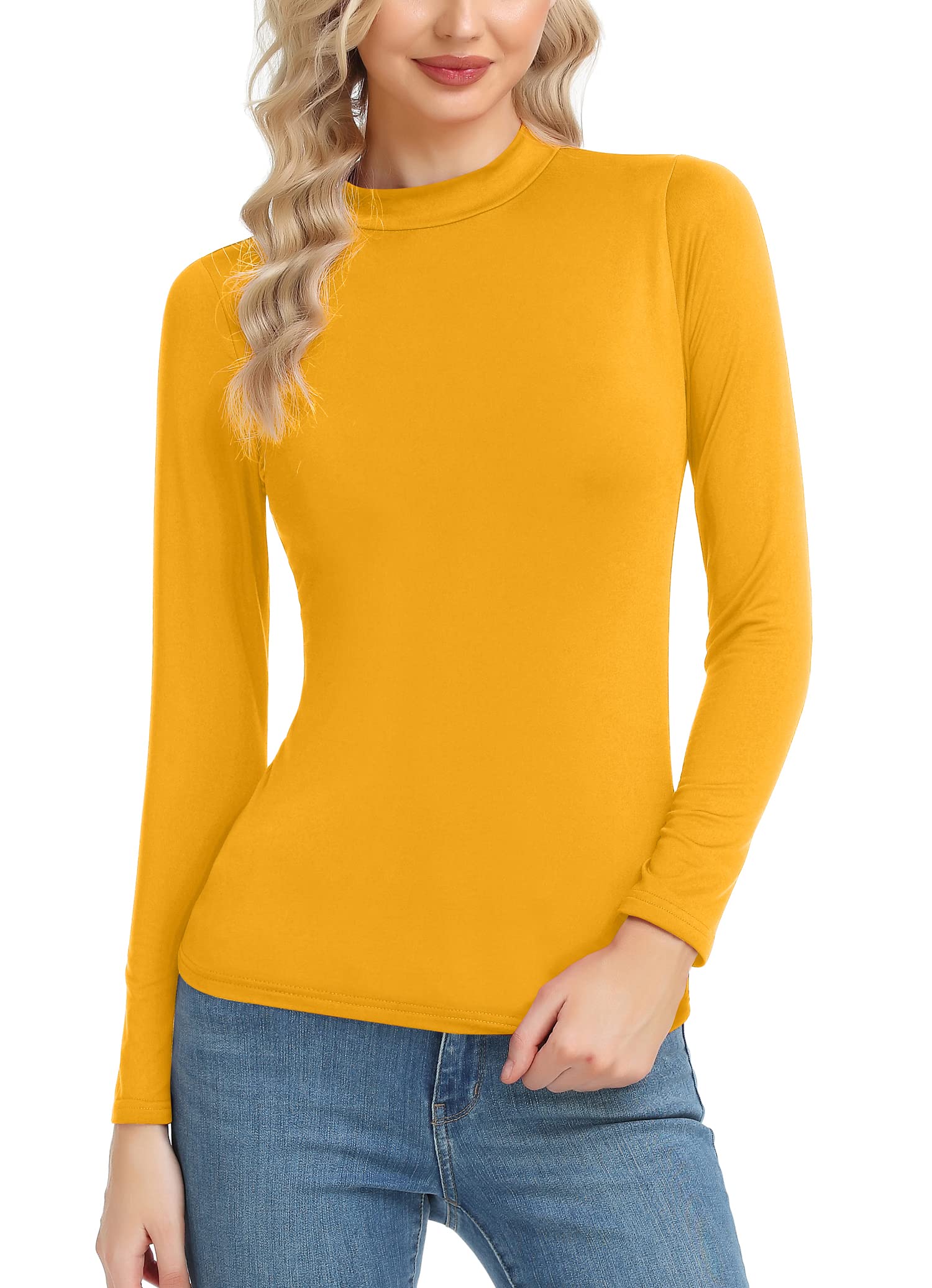 Women Long Sleeve Thermal Top Lightweight Mock Neck Shirts Slim Fit Layer Top Mustard Large