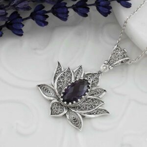 Filigranist 925 Sterling Silver Filigree Art Lotus Flower Women Pendant Necklace (Amethyst)