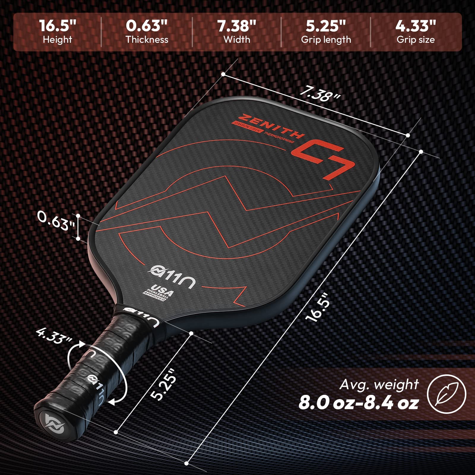 A11N Zenith C7 Pickleball Paddle 16mm | T-700 Carbon Fiber with Foam Injected Walls | Enlarged Sweet Spot | Elongated Shape | Red