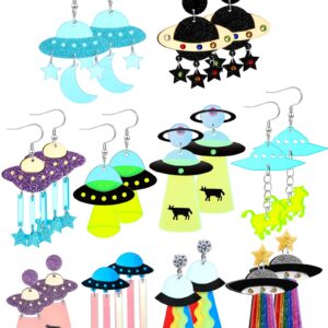 Yinkin 10 Pairs UFO Aliens Earrings for Women Space Weird Acrylic Earrings Flying Saucer Dangle Earrings Novelty Fun Glitter Cute Earrings Jewelry for Women, Multiple Colors