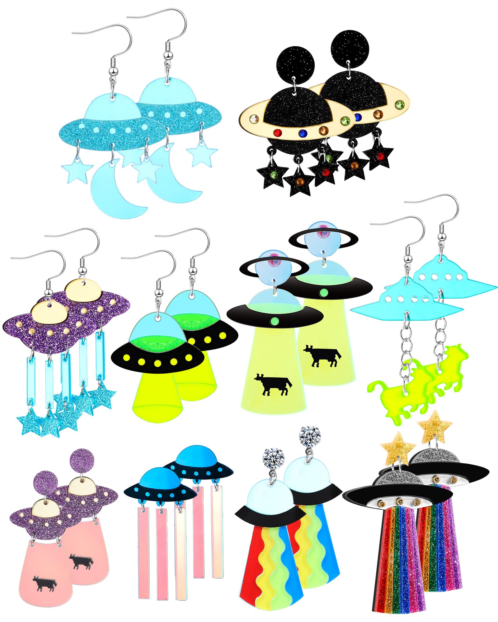 Yinkin 10 Pairs UFO Aliens Earrings for Women Space Weird Acrylic Earrings Flying Saucer Dangle Earrings Novelty Fun Glitter Cute Earrings Jewelry for Women, Multiple Colors