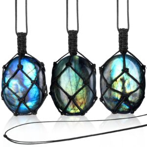 kingdder natural gemstone crystal pendant necklace stone holder necklace cord hand woven necklace with adjustable length for women men(3 pcs,labradorite)