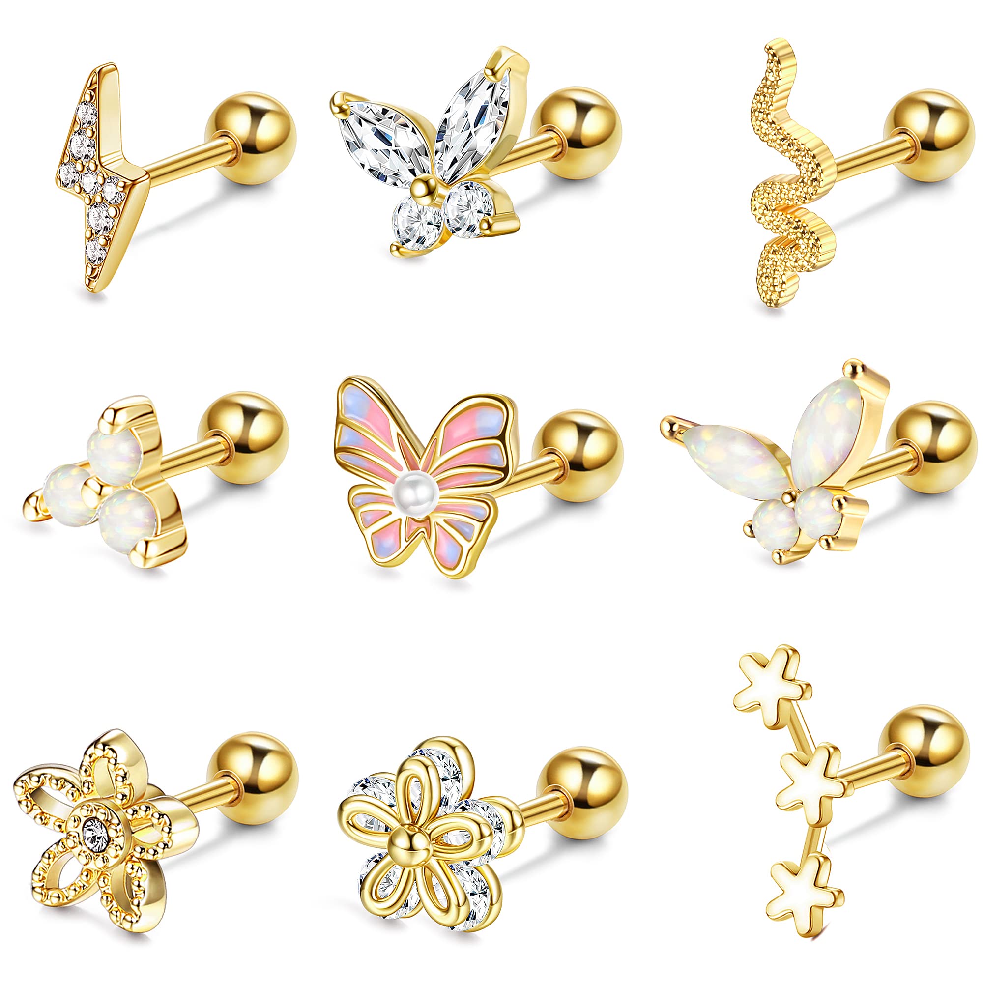 Dochais 9Pcs Cartilage Earrings for Women Stainless Steel Cartilage Butterfly Flower Star CZ Opal Helix Tragus Piercing Jewelry Gold