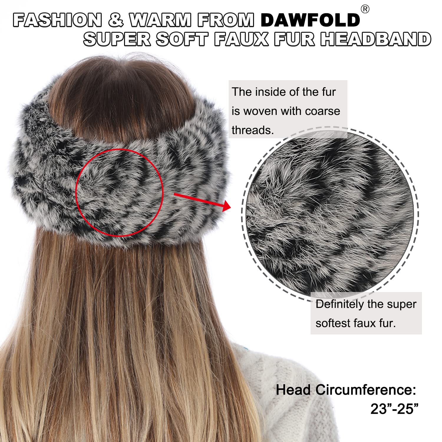 DAWFOLD Women's Faux Fur Headband with Elastic for Winter, Earmuff Earwarmer Fluffy Warm Lined Cold Weather