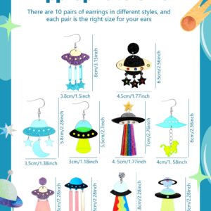 Yinkin 10 Pairs UFO Aliens Earrings for Women Space Weird Acrylic Earrings Flying Saucer Dangle Earrings Novelty Fun Glitter Cute Earrings Jewelry for Women, Multiple Colors