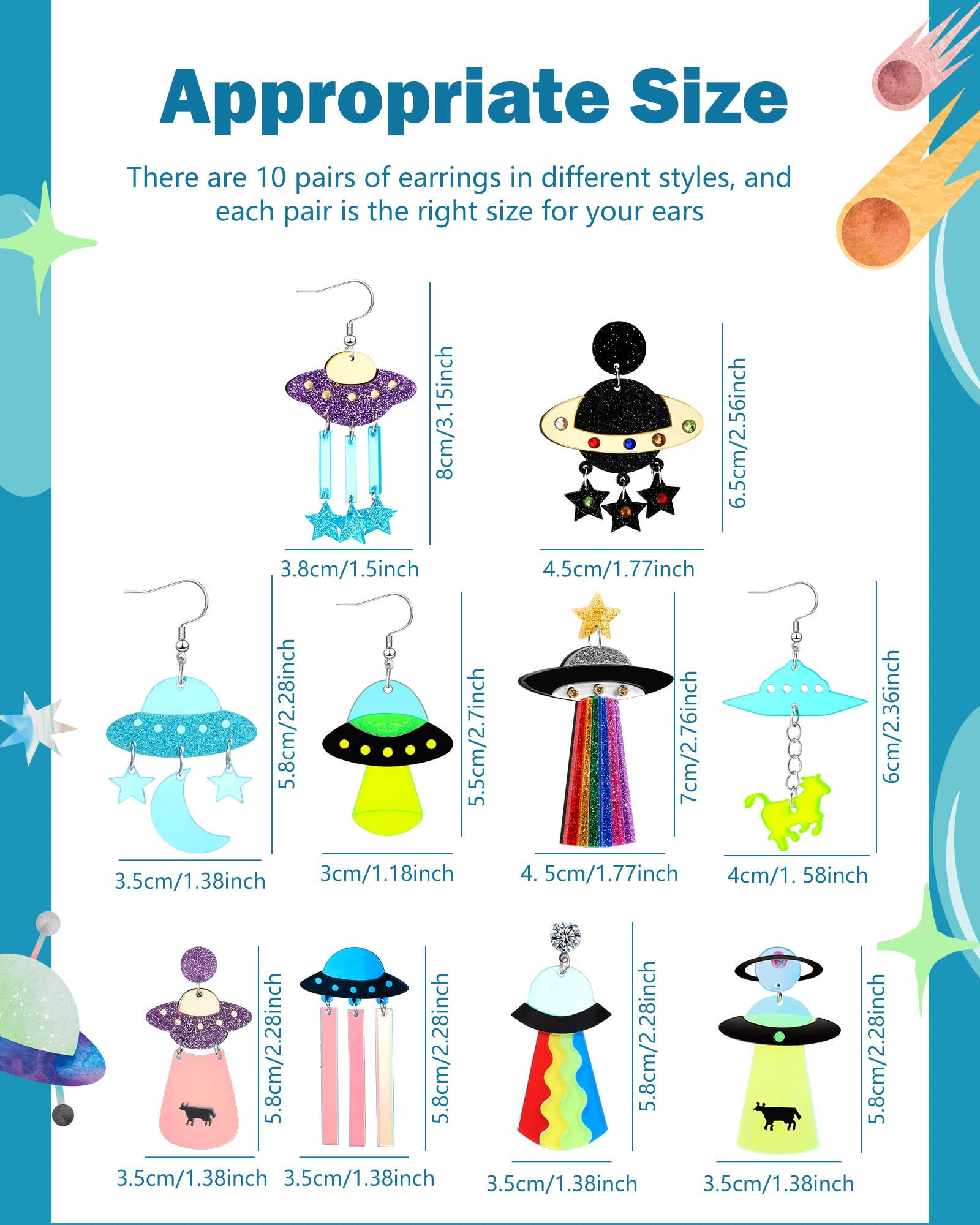 Yinkin 10 Pairs UFO Aliens Earrings for Women Space Weird Acrylic Earrings Flying Saucer Dangle Earrings Novelty Fun Glitter Cute Earrings Jewelry for Women, Multiple Colors