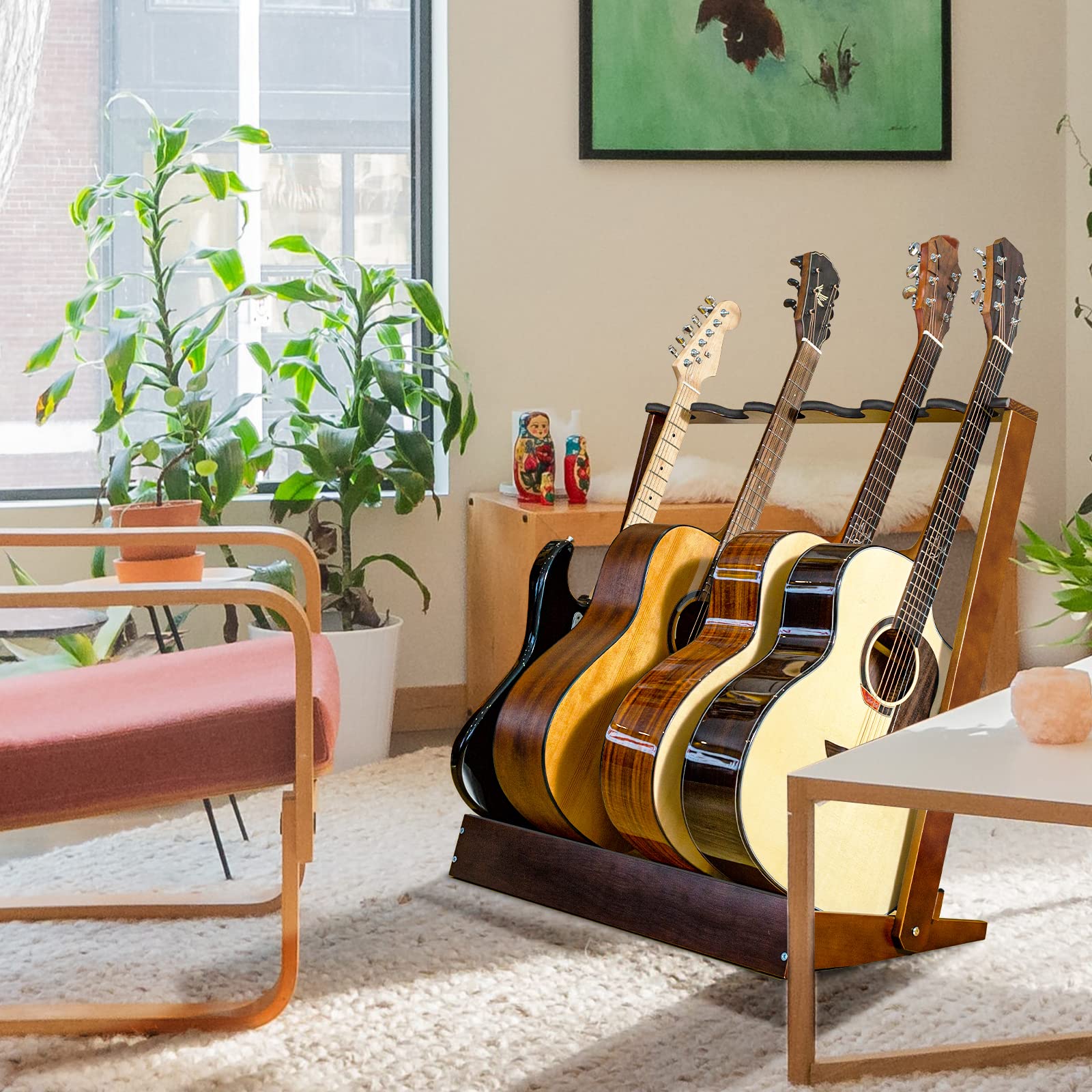 verovita Guitar Stand Rack for Multiple Guitars, 6 holder wood Guitar Stand Folding Guitar Rack for Classical Acoustic, Electric, Bass Guitar Display