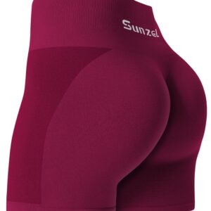 Sunzel Workout Biker Shorts Women Scrunch Butt Lifting Seamless Shorts High Waist Stretch Booty Short for Gym Yoga Running, 5 inches Cherry Red