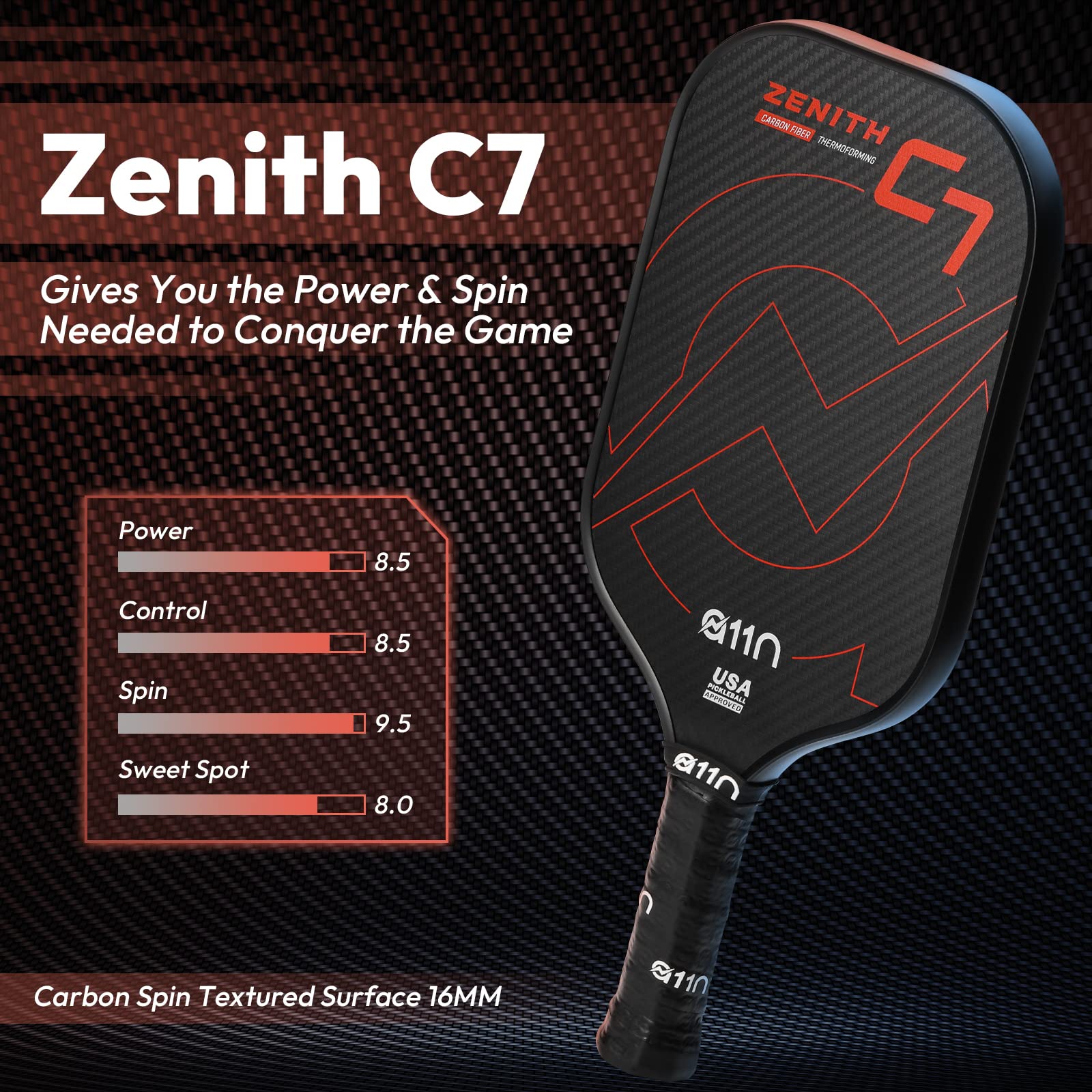 A11N Zenith C7 Pickleball Paddle 16mm | T-700 Carbon Fiber with Foam Injected Walls | Enlarged Sweet Spot | Elongated Shape | Red